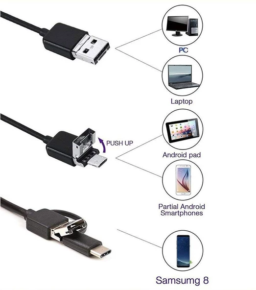 Endoskop 3 in 1 Yılan Kamera USB Micro Usb Type-C Uyumlu 20M - Resim 2