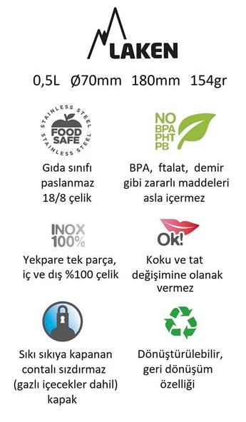 Laken Çelik 18/8 Vintage Basic Şişe 0,50L - Çelik LKBSH50 - Resim 2