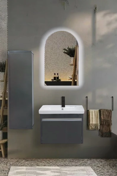 USART Line 60 Antrasit Gri Parlak Yüzey Banyo Dolabı Takimi, BEYAZ Led, Boy Dolabı HEDİYE ürün görseli 1