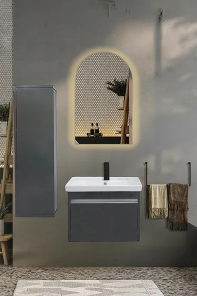 USART Line 60 Antrasit Gri Parlak Yüzey Banyo Dolabı Takimi, GÜNIŞIĞI Led, Boy Dolabı HEDİYE ürün görseli 1