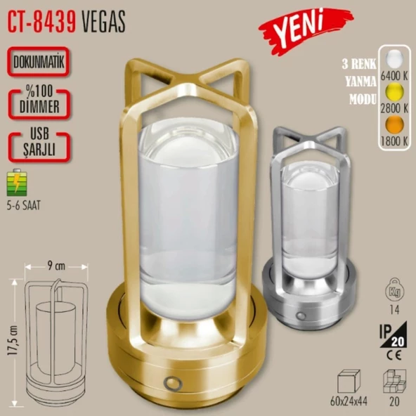 CATA Şarjlı Ledli VEGAS Masa Lambası GÜMÜŞ 3 Renk Işık Abajur ürün görseli 1