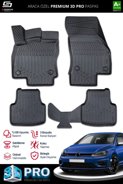 S-Dizayn VW Golf 7 3D Pro Havuzlu Paspas 2012-2020 A+ Kalite ürün görseli 1