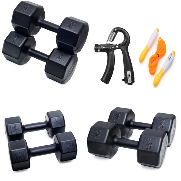 PS SPOR 3 ÇİFT DAMBIL SET 5 KG + 7 KG + 9 KG + SAYAÇLI ATLAMA İPİ + AYARLANABİLİR SAYAÇLI EL YAYI ürün görseli 1