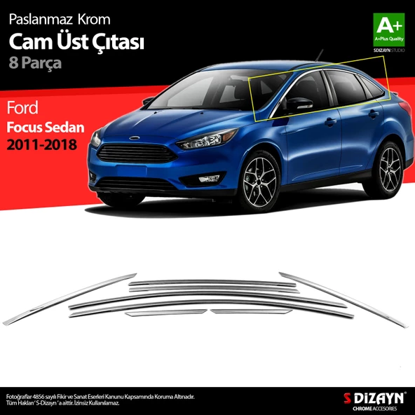 S-Dizayn Ford Focus 3 SD Krom Cam Üst Çıtası 8 Prç 2011-2018 ürün görseli 1