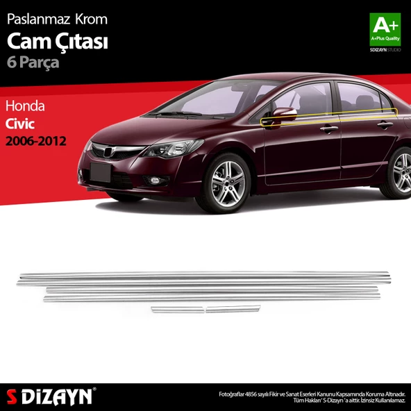 S-Dizayn Honda Civic Krom Cam Çıtası 6 Prç 2006-2012 ürün görseli 1