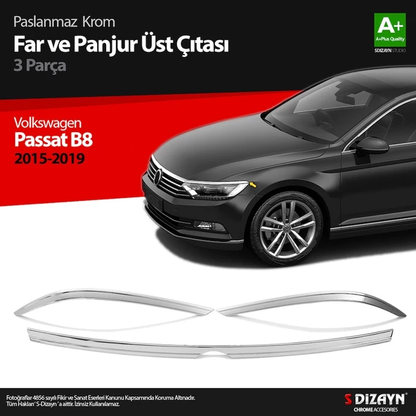 S-Dizayn VW Passat B8 Krom Far Üzeri Çıta Seti 3 Parça 2015-2019 ürün görseli 1
