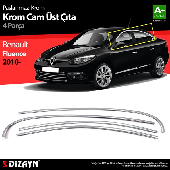 S-Dizayn Renault Fluence Krom Cam Üst Çıtası 4 Prç 2010-2016 ürün görseli 1