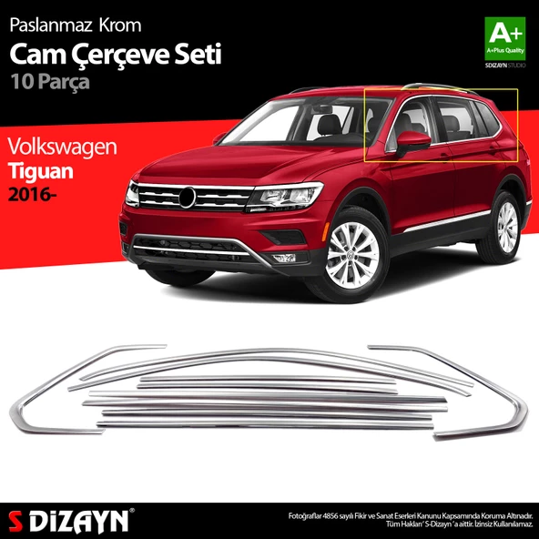 S-Dizayn VW Tiguan Krom Cam Çerçevesi 10 Prç. 2016-2024 A+ Kalite ürün görseli 1