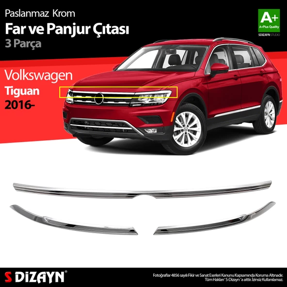 S-Dizayn VW Tiguan Krom Far Üst Çıtası 3 Prç. 2016-2020 ürün görseli 1