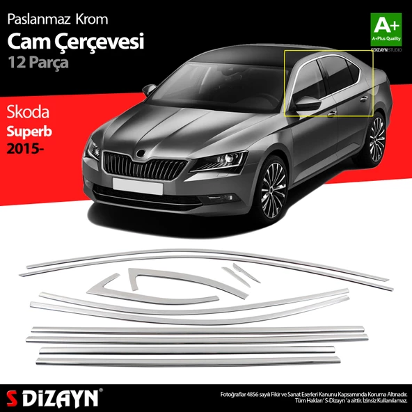 S-Dizayn Skoda Superb Krom Cam Çerçeve Seti 12 Prç 2015-2023 A+ Kalite ürün görseli 1