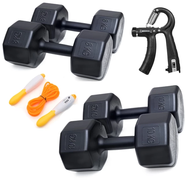 PS SPOR  2 Lİ DAMBIL SET 8 KG 2 ADET 10 KG 2 ADET SAYAÇLI AYARLANABİLİR EL YAYI + SAYAÇLI ATLAMA İPİ ürün görseli 1