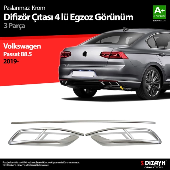 S-Dizayn VW Passat B8.5 Krom Egzoz Görünümü Difüzör 4'lü R Line 3 Parça 2019-2023 ürün görseli 1