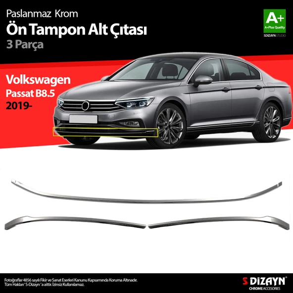 S-Dizayn VW Passat B8.5 Krom Ön Tampon Alt Çıtası 3 Parça 2019-2023 ürün görseli 1
