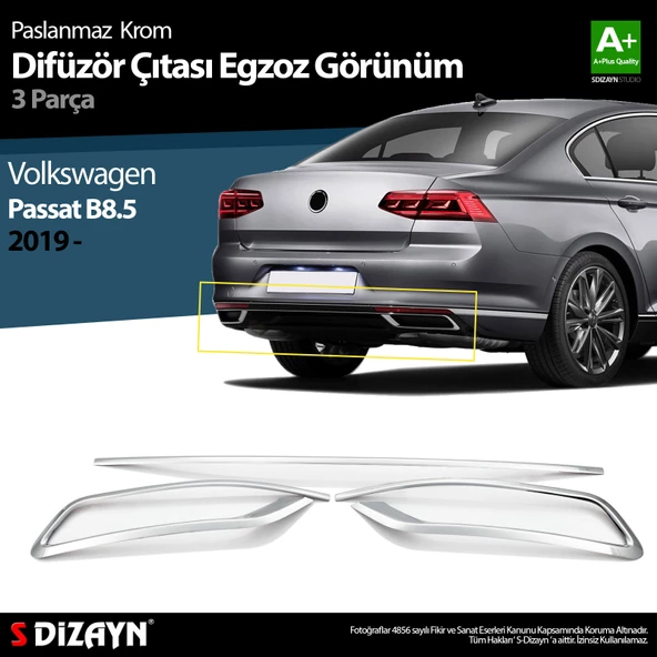 S-Dizayn VW Passat B8.5 Krom Egzoz Görünümü Difüzör Çıtası 3 Parça 2019-2023 ürün görseli 1
