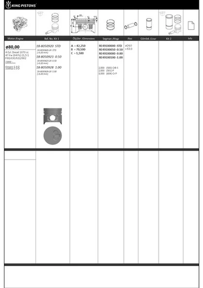 PİSTON KİTİ 1 80 STD RENAULT-NISSAN KANGOO 1.9 D 0.20 MM KISA-F8Q. 630/632/662 ürün görseli 1