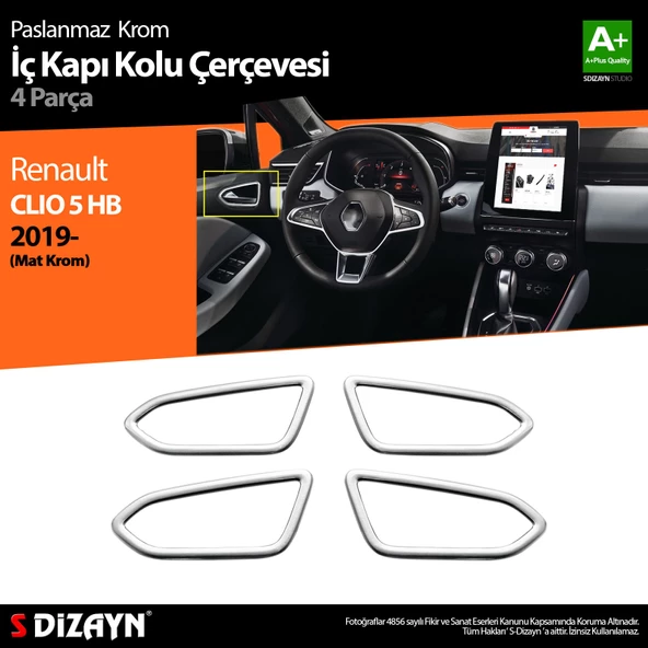 S-Dizayn Renault Clio 5 Krom İç Kapı Kolu Çerçevesi 4 Prç. 2019 ve Üzeri (Mat Krom) ürün görseli 1