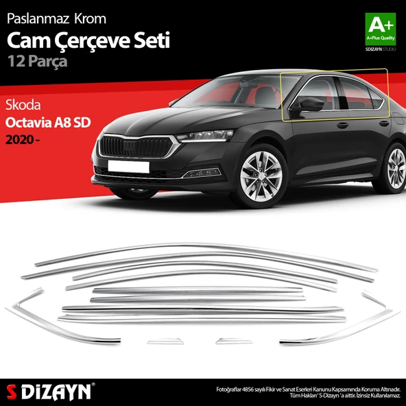 S-Dizayn Skoda Octavia A8 Sedan Krom Cam Çerçevesi 12 Prç. 2020 Üzeri A+ Kalite ürün görseli 1