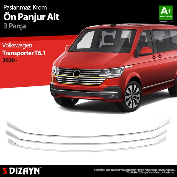 S-Dizayn VW Transporter T6.1 Krom Ön Panjur Alt Çıtası 3 Prç. 2020 Üzeri ürün görseli 1