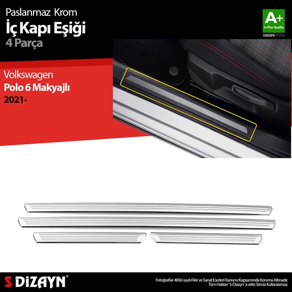 S-Dizayn VW Polo 6 HB Makyajlı Krom İç Kapı Eşiği 4 Prç. 2021 Üzeri ürün görseli 1