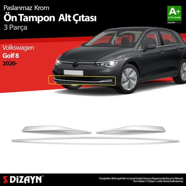 S-Dizayn VW Golf 8 HB Krom Ön Tampon Alt Çıtası 3 Prç. 2020-2024 ürün görseli 1