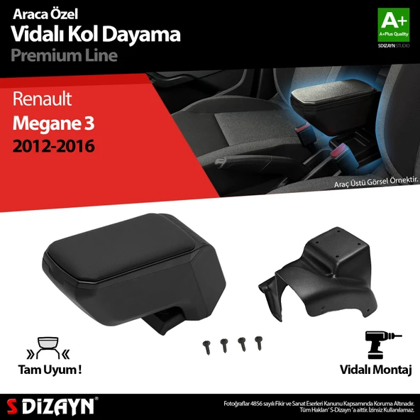 S-Dizayn Renault Megane 3 ABS Vidalı Kol Dayama Kolçak Siyah 2012-2016 A+Kalite ürün görseli 1