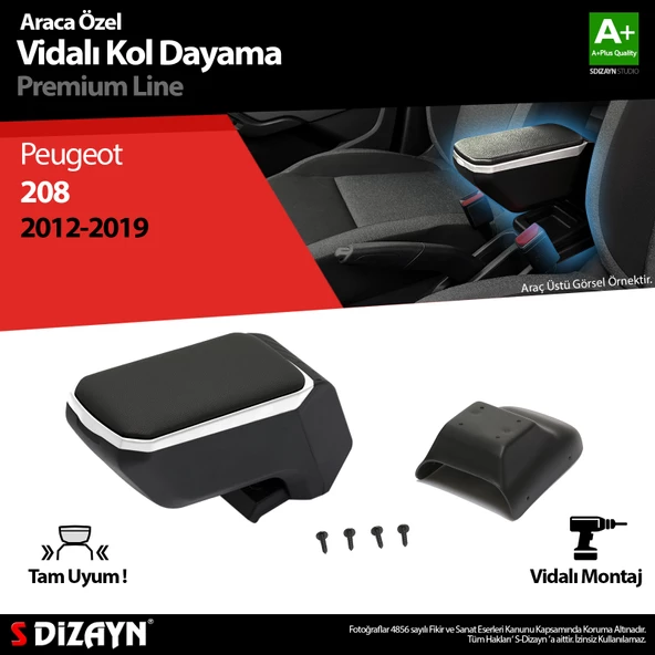 S-Dizayn Peugeot 208 ABS Vidalı Kol Dayama Kolçak Gri 2012-2019 A+Kalite ürün görseli 1