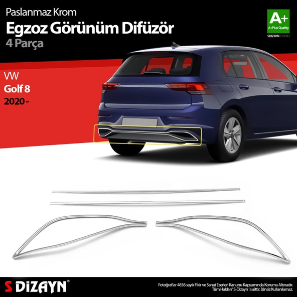 S-Dizayn VW Golf 8 Krom Egzoz Görünümü Difüzör 4 Prç. 2020-2024 ürün görseli 1