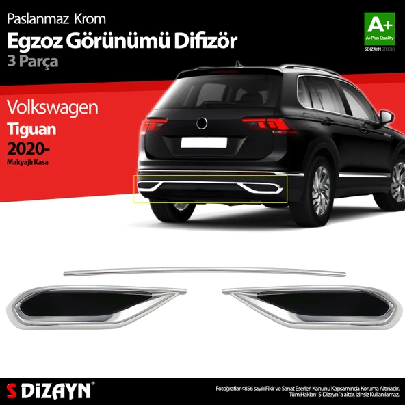 S-Dizayn VW Tiguan Krom Egzoz Görünümü Difüzör 3 Parça 2020-2024 A+Kalite ürün görseli 1