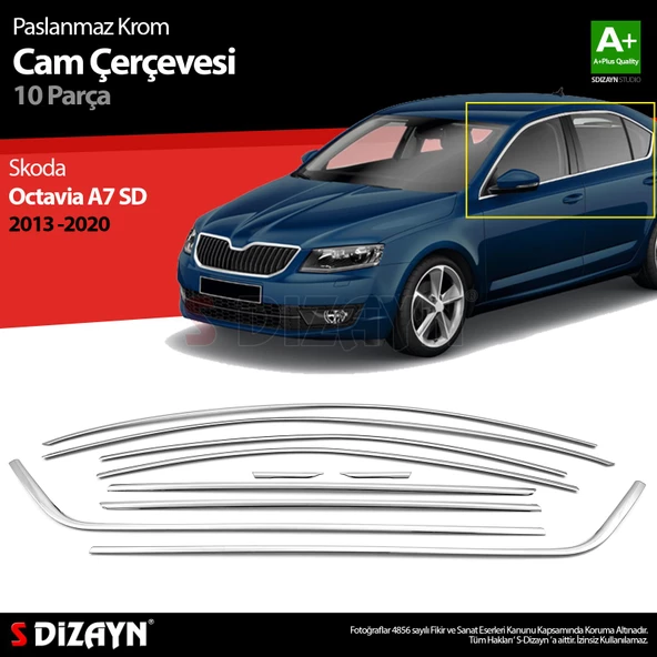 S-Dizayn Skoda Octavia A7 SD Krom Cam Çerçeve Seti 10 Prç 2013-2020 A+ Kalite ürün görseli 1
