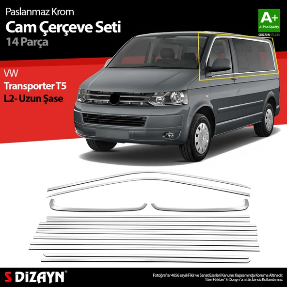 S-Dizayn VW Transporter T5 Uzun Şase Krom Cam Çerçeve Seti 2003-2015 Tek Sürgü A+ Kalite ürün görseli 1