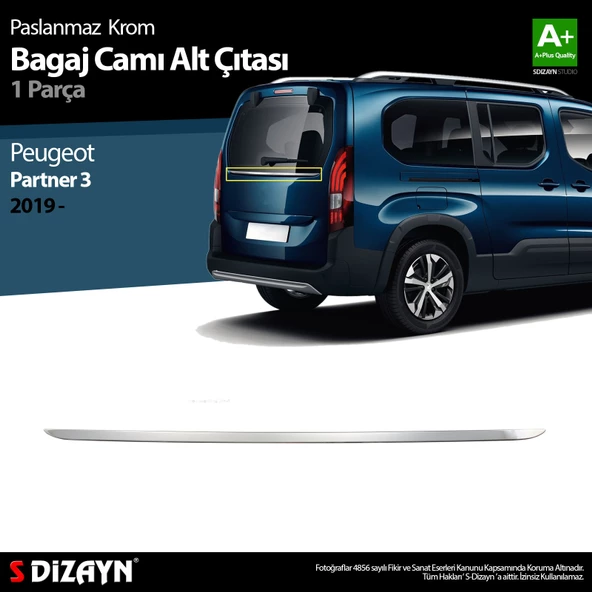 S-Dizayn Peugeot Partner 3 Krom Bagaj Camı Alt Çıtası 2019 Üzeri ürün görseli 1