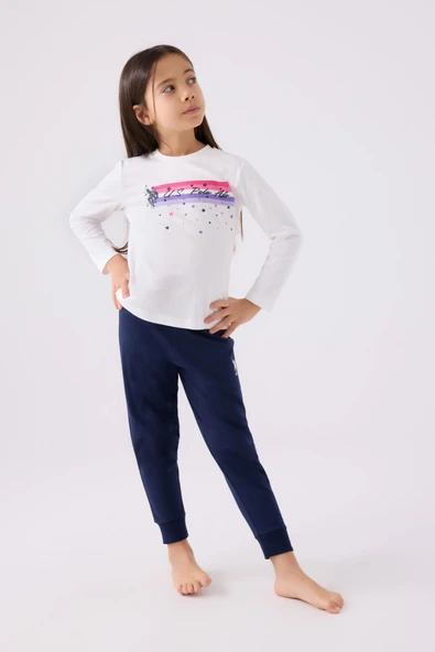 U.S. Polo Assn. 1962 Garson Yıldızlı Kız Çocuk Krem Uzun Kol Pijama Takım ürün görseli 1