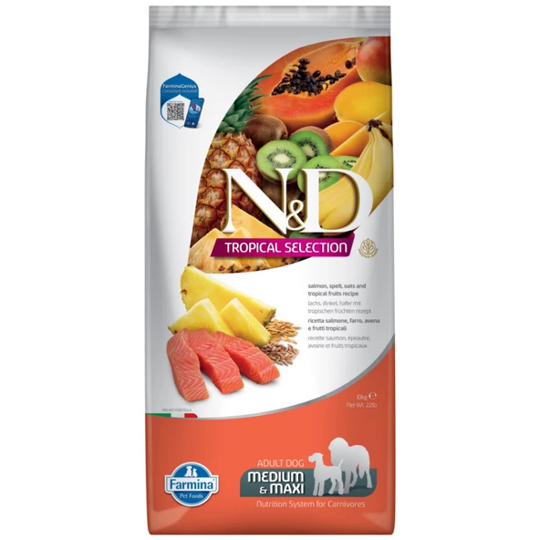 Nd tropical selection köpek 10kg medium maxi adult somonlu tropikal meyveli köpek maması büyük ırklar için ürün görseli 1
