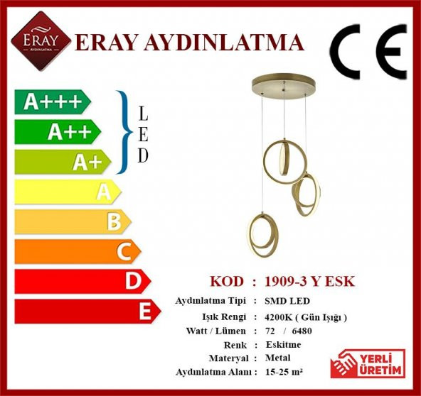 Eray Aydınlatma 1909-3 Eskitme 3 lü Led Avize - Resim 3
