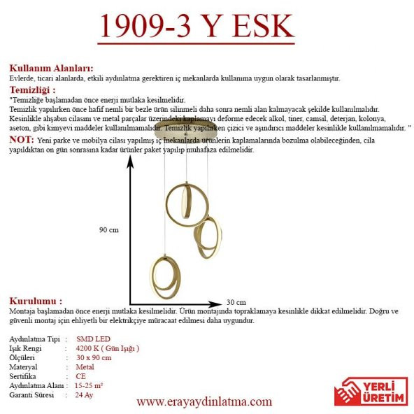 Eray Aydınlatma 1909-3 Eskitme 3 lü Led Avize - Resim 4