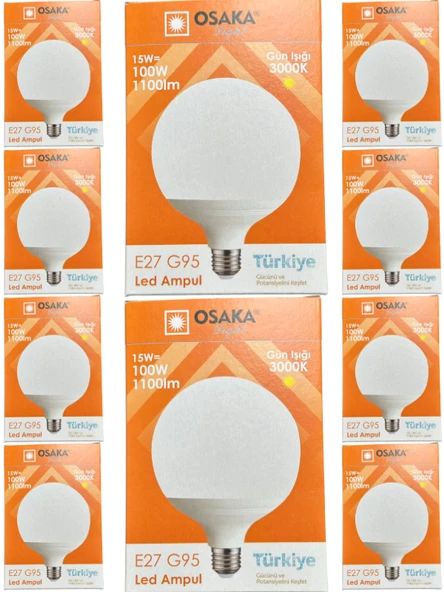 Osaka 15W (100W) 3000K (Günışığı) E27 Duylu G95 Led Glop Ampul (10 Adet) ürün görseli 1