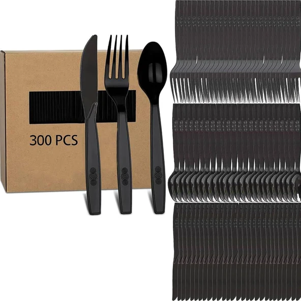 Plastik Siyah Çatal Kaşık Bıçak Seti Takımı- 100 Ad. Çatal + 100 Ad. Bıçak + 100 Ad. Kaşık - 18 Cm. ürün görseli 1
