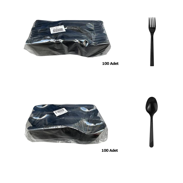 Plastik Siyah Çatal Kaşık Seti Takımı- 100 Ad. Çatal + 100 Adet Kaşık - 18 Cm. ürün görseli 1