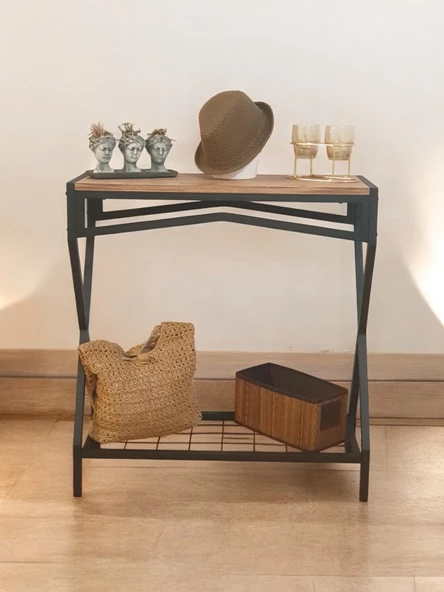 DEKORATİF METAL DRESUAR AHŞAP RAFLI STAND ÇOK AMAÇLI SALON VE HOL RAFI ürün görseli 1