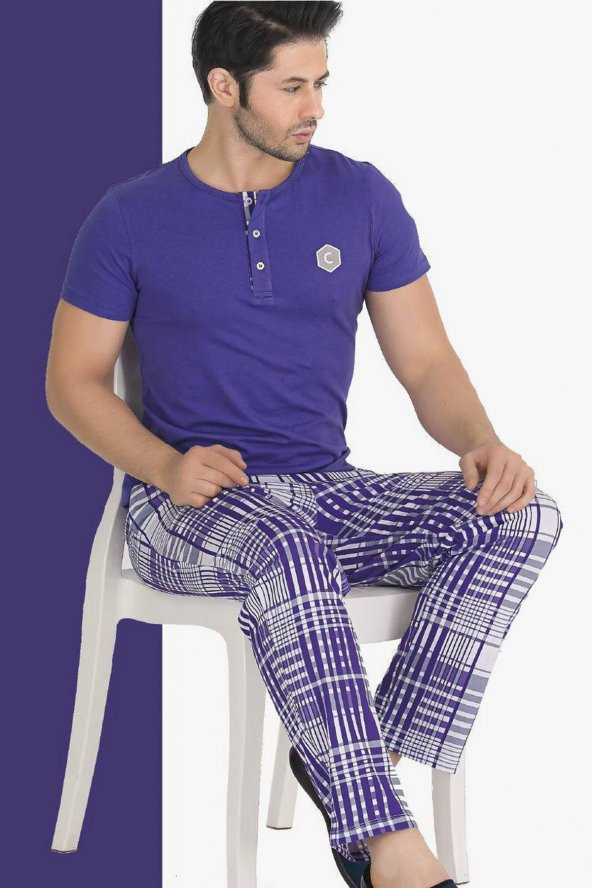 Teknur 30610 Modal Kumaş Mor Renkli Kısa Kol Erkek Pijama Takımı ürün görseli 1