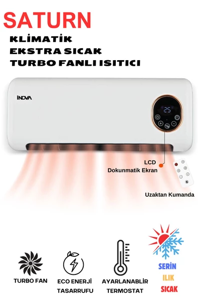 İNOVA SATURN DUVAR TİPİ FANLI ISITICI ELEKTRİKLİ SOBA VE VANTİLATÖR DİJİTAL EKRANLI TERMOSTATLI ürün görseli 1