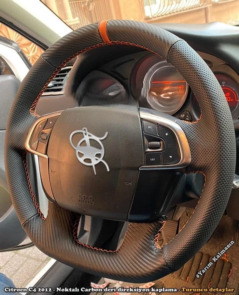 Citroen C4 2012 Araca Özel Direksiyon Kılıfı (NOKTA KARBON TURUNCU YÜZÜK) ürün görseli 1