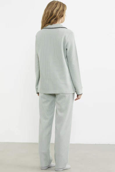Düğmeli Gömlek Model Pijama Takım - Yeşil - Resim 6