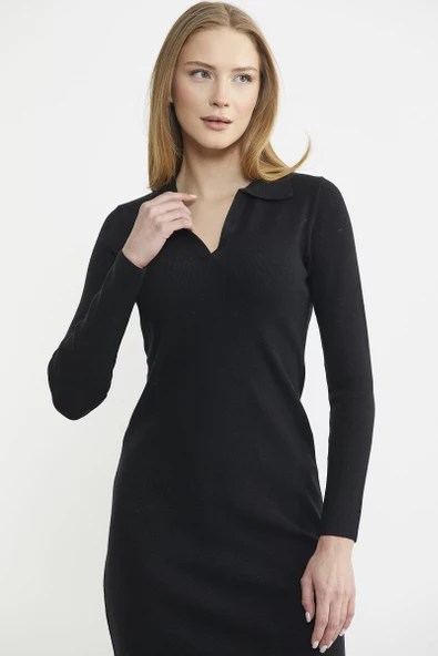 Patlı Polo Yaka Basic Triko Elbise - Siyah - Resim 2