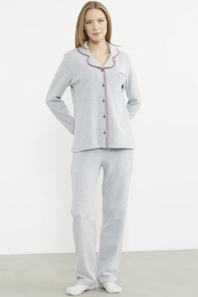 Düğmeli Gömlek Model Pijama Takım - Gri - Resim 3