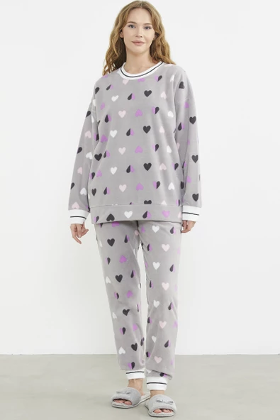 Desenli Oversize Polar Pijama Takım - Gri ürün görseli 1