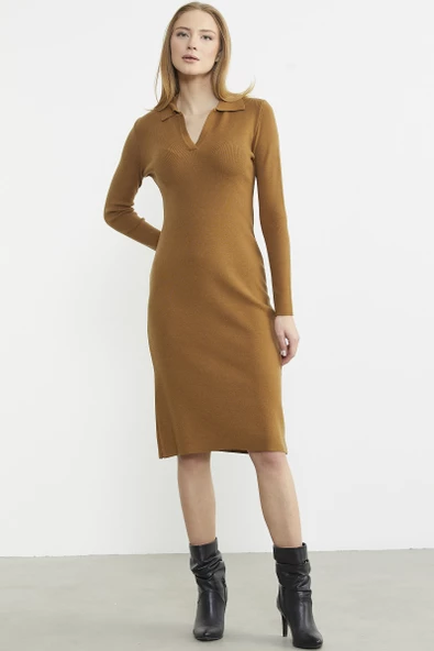Patlı Polo Yaka Basic Triko Elbise - Kamel - Resim 2