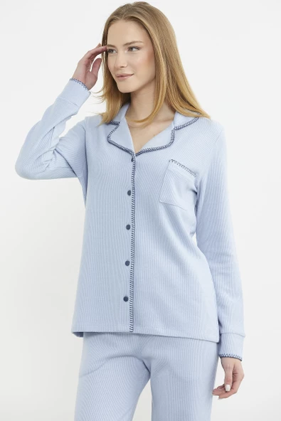 Düğmeli Gömlek Model Pijama Takım - Mavi - Resim 2