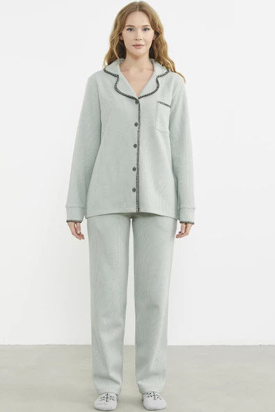 Düğmeli Gömlek Model Pijama Takım - Yeşil ürün görseli 1