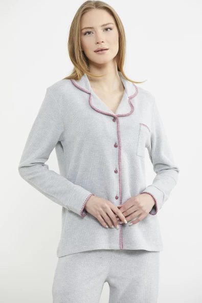 Düğmeli Gömlek Model Pijama Takım - Gri - Resim 2